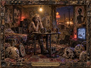 A gaunt, tattooed figure sits dazed in a decaying motel room filled with battered instruments, strange masks, dolls, records, and flickering electronics. Sickly amber bulbs and red neon cut through smoky darkness, while a lonely highway glows outside. The richly textured mixed-media scene feels grimy, surreal, restless, and darkly comic.