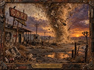 A towering dust devil churns through an abandoned desert roadside cafe at sunset, hurling photographs, furniture, and debris into a violent spiral. Rusted signs, cracked pavement, a battered trailer, skeletal fencing, and distant mountains create an eerie wasteland. Warm ochres, burnt orange, violet clouds, and gritty mixed-media textures intensify the surreal, apocalyptic mood.