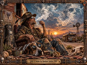 A gritty surreal desert scene shows a weathered drifter smoking beside a goggle-wearing dog, framed by rusted buses, cacti, a windmill, bones, and distant mountains. Sunset light glows across the dusty landscape while smoke forms eerie faces overhead. Rich earth tones, textured surfaces, psychedelic details, and a handcrafted metal-and-wood frame create rebellious, darkly whimsical energy.