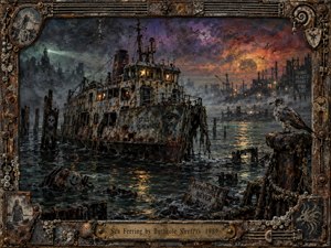 A rusted ferry drifts through dark, choppy harbor water beneath a bruised orange and violet sky. Ruined docks, distant industrial silhouettes, fog, and a lone seabird create an eerie, desolate mood. Painterly textures, corroded metal, warm window light, reflective water, and an ornate nautical frame give the scene haunting handcrafted depth.