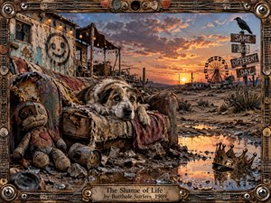 A weary dog slumps on a torn, weathered couch in a junk-strewn desert settlement at sunset. Rusted debris, a ragged doll, muddy puddles, and a distant Ferris wheel create a bleak, surreal atmosphere. Warm orange light contrasts with deep shadows, while corroded metal, wood, and guitar-inspired framing give the scene a gritty handcrafted character.