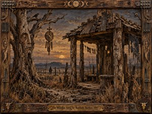 A weathered wooden shelter stands beneath a twisted, face-like tree in a desolate twilight landscape. Warm amber light filters through smoky gray clouds, illuminating carved posts, hanging charms, dry grasses, and broken planks. Rich brown tones, intricate wood grain, eerie symbolism, and handcrafted detailing create a haunting, rustic, dreamlike atmosphere.