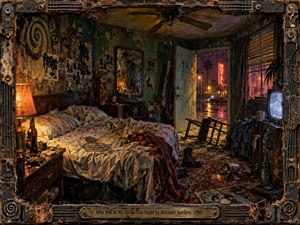 A chaotic motel room fills the scene, centered on an unmade bed amid bottles, ash, scattered photographs, and overturned furniture. Neon motel light and a flickering television cast lurid pink, amber, and blue across stained walls and cracked mirrors. The artwork feels gritty, cinematic, and mixed-media, enclosed in a distressed, music-themed frame.
