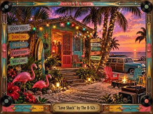 A lively turquoise beach shack glows beneath a vivid pink-and-gold sunset, surrounded by palm trees, string lights, flamingos, surfboards, vintage signs, and a classic woody car. Warm firelight and saturated retro colors create a playful party mood, while handcrafted textures, dancing silhouettes, records, and decorative framing evoke exuberant nostalgic energy.