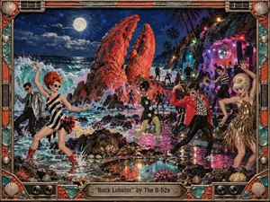A surreal moonlit beach erupts with eccentric new-wave dancers surrounding a towering coral-red rock formation. Turquoise surf, magenta reflections, metallic costumes, and glowing tide pools create playful, chaotic energy. Rich mixed-media textures suggest acrylic, collage, and resin, while an ornate shell-and-chrome frame and engraved title plate complete the theatrical composition.