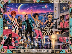 A vibrant retro-futurist rooftop party unfolds beneath a surreal planetary sky, with stylish dancers, musicians, neon reflections, and bold geometric decor creating playful cosmic energy. Saturated pink, turquoise, gold, and black tones glow under dramatic sunset light, while polished surfaces, whimsical details, and an ornate space-age frame evoke exuberant late-1980s pop art.