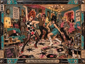 A chaotic late-1970s new wave dance party fills a retro living room with angular poses, exaggerated fashion, scattered records, leopard prints, turquoise walls, and glowing atomic-style lights. Saturated pinks, blacks, creams, and teal create playful tension, while handcrafted collage textures, vintage decor, and energetic figures capture rebellious, eccentric celebration.