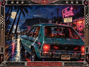 A weathered teal hatchback speeds along a rain-slick coastal road beneath a full moon, framed by palms, ocean surf, and glowing motel neon. Hot pink and red reflections sharpen the playful yet sinister mood, while stylish passengers, dice, flamingo motifs, and a grinning rearview shadow evoke eccentric 1980s rock energy.