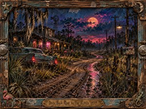 A muddy back road curves through a moody Southern night, framed by a weathered mixed-media border of rusted metal and painted wood. An old teal car, a glowing roadhouse, telephone poles, and swampy grasses sit beneath a huge pink moon, creating a mysterious, nostalgic atmosphere with vivid neon dusk colors.