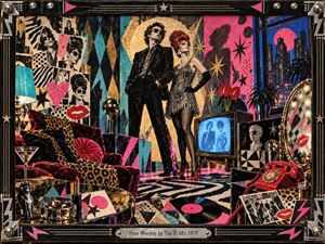 A glamorous new wave duo poses inside a theatrical retro lounge filled with leopard fabric, vinyl records, collage portraits, a glowing television, rotary phone, mirrors, and bold geometric patterns. Hot pink, turquoise, gold, black, and red create an electric mood, while textured mixed media surfaces and dramatic lighting suggest stylish obsession.