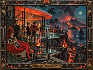 A glamorous retro lounge overlooks a violently glowing volcanic island beneath a moonlit tropical sky. Stylish partygoers gather around a curved modernist pool while lava-red light reflects across black rock, glass, and chrome. Surreal tiki carvings, palms, cocktails, and a lava lamp create playful danger in richly textured vintage illustration.