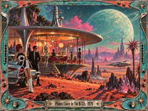A retro-futurist lounge glows beneath a vast ringed planet, surrounded by crimson desert spires, crystal formations, and a sleek spacecraft. Stylish figures in mod clothing stand beside a chrome car as warm orange interiors contrast with cool turquoise skies. The ornate metallic frame reinforces the playful cosmic 1970s atmosphere.