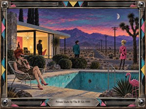 A surreal desert retreat glows beneath a violet sunset, where stylish figures gather around an empty turquoise pool beside a modernist house. Distant mountains, telephone poles, palms, and a crescent moon create uneasy isolation. Neon pink, teal, gold, and black details evoke eccentric 1980s new wave energy within a richly textured painted scene.