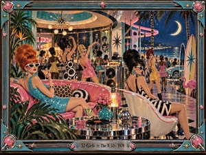 A glamorous retro beach club scene bursts with playful energy as stylish women with towering beehives lounge, dance, and pose amid pink sofas, chrome tables, tropical plants, and neon decor. Moonlit ocean views, candy-bright colors, glossy textures, and mid-century pop-art detail create a witty, vibrant, celebratory atmosphere.