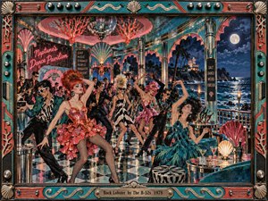 In a neon washed seaside pavilion, flamboyant dancers whirl across a glossy checkerboard floor beneath coral chandeliers and a mirrored disco ball. Moonlit waves shimmer beyond arched windows, while teal, pink, and gold tones energize the ornate retro scene. The handcrafted illustration feels exuberant, surreal, glamorous, and joyfully eccentric.