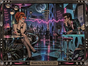 A vivid retro-futurist lounge glows with electric pink, turquoise, and midnight blue as two stylish figures exchange playful looks across a chrome bar. Cosmic ornaments, mirrored surfaces, checkerboard flooring, and pulsing neon create a quirky, flirtatious new wave mood, framed by dark metallic hardware with polished decorative details.