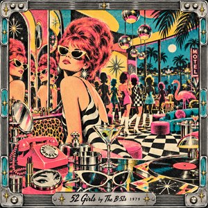 A glamorous woman with towering pink hair and cat-eye sunglasses dominates a lively retro lounge, her reflections multiplying in mirrors. Dancers cross a checkerboard floor among disco lights, cocktails, and palm trees. Electric turquoise, coral, and yellow animate the textured screen-print scene, framed by ornate chrome and starbursts.