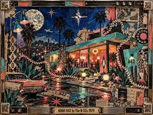 A vibrant retro collage depicts a moonlit roadside house glowing with coral and turquoise light. Party silhouettes fill its windows while a vintage car, palm trees, flamingos, and looping telephone cord animate the scene. Torn paper textures, cobalt shadows, neon reflections, and an ornate metallic frame create playful nocturnal energy.