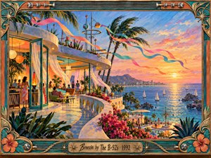 A breezy seaside terrace curves above a sparkling bay at sunset, where guests mingle beneath glowing lanterns and billowing curtains. Colorful ribbons sweep past palm trees and sailboats, while coral flowers brighten the foreground. Rich turquoise, gold, and pink brushwork creates a playful, nostalgic atmosphere within an ornate musical frame.