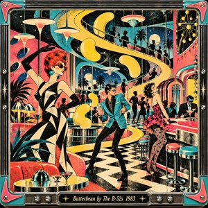 A vibrant retro nightclub bursts with eccentric dancers, swirling yellow shapes, and futuristic architecture. Turquoise, coral, pink, and black dominate the lively scene, illuminated by glowing pendant lights and starbursts. Bold geometric patterns, textured screen printing, and dramatic silhouettes capture playful 1980s energy, enclosed within an ornate chrome frame.
