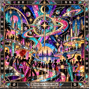 A dazzling cosmic nightclub unfolds in luminous stained glass and mirrored mosaic, where glamorous dancers mingle beneath swirling planetary rings, glittering disco spheres, and radiant starbursts. Electric pink, turquoise, violet, and gold illuminate futuristic towers and curved balconies. An ornate chrome frame completes this exuberant, retro-futuristic celebration of music and movement.