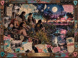 A carefree group of eccentrically dressed friends lounges beside a moonlit creek, overlooking a glowing roadside club. Neon pink and turquoise reflections mingle with midnight blues, while torn photographs, maps, handwritten notes, and wildflowers form a nostalgic mixed-media collage. A weathered musical frame surrounds the dreamy 1980s scene.