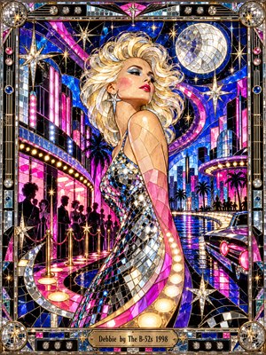 A glamorous blonde woman in a shimmering mirrored gown commands a dazzling neon cityscape. Electric pink, cobalt blue, and violet stained glass illuminate nightclub crowds, palm trees, starbursts, and a glittering disco moon. Sweeping curves create rhythmic movement, while an ornate metallic mosaic frame completes the nostalgic, exuberant composition.