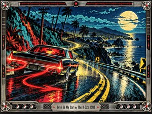 A vintage car races along a winding coastal highway beneath a glowing full moon, trailing fiery red light across rain-slick pavement. Turquoise cliffs, silhouetted palms, and distant city lights create a mysterious, energetic atmosphere. Bold screen-print textures, dramatic contrasts, and an ornate chrome dashboard frame evoke retro new-wave style.