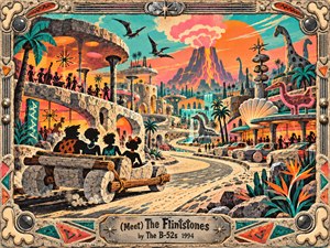 A lively prehistoric boulevard winds through a neon-colored stone city beneath a smoking volcano. Silhouetted passengers ride a rugged stone car past crowded lounges, dinosaurs, palms, and futuristic diners. Coral, turquoise, and orange glow across the playful landscape, rendered in textured retro screen-print style and enclosed by an ornate rock-and-chrome frame.