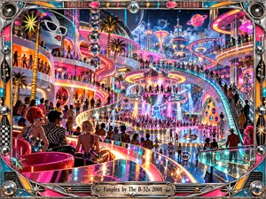 A dazzling retro-futuristic entertainment complex pulses with neon pink, turquoise, and golden light. Spiraling walkways surround crowded dance floors, mirrored disco balls, and glamorous partygoers beneath a cosmic sky. Reflective surfaces amplify the exuberant atmosphere, while intricate chrome framing and a metallic title plate complete this vibrant digital artwork.