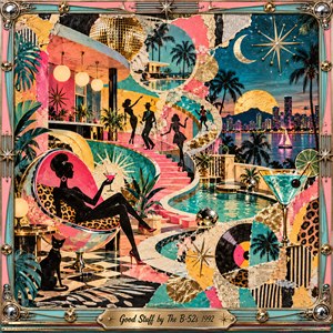 A glamorous tropical lounge unfolds in a vibrant retro collage, where silhouetted dancers follow a winding pink staircase toward a moonlit waterfront skyline. Turquoise pools, golden disco balls, palm trees, cocktails, and vinyl records shimmer beneath theatrical lighting. Torn paper textures and a jeweled metallic frame amplify the playful party atmosphere.