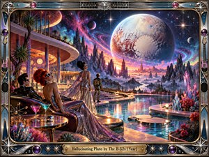 A glamorous retro-futuristic lounge overlooks an alien lagoon beneath an enormous cratered planet. Sequined figures pose beside glowing cocktails while crystalline spires and jagged mountains rise beyond the water. Electric pink, turquoise, and violet light washes across the dreamlike digital painting, enclosed by an ornate chrome frame with celestial ornaments.