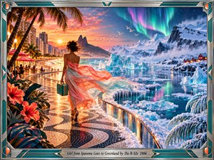 A glamorous traveler carrying a turquoise suitcase walks along a winding mosaic promenade where tropical Brazil merges with Greenlands frozen fjords. Palms, glowing hotels, icebergs, and auroras share a dramatic sunset sky. Her coral gown billows across the surreal landscape, surrounded by shimmering reflections and an ornate chrome-and-teal frame.