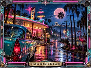 A turquoise vintage car overlooks a rain-slicked highway winding past a glowing retro diner beneath a giant pink moon. Neon reflections, palm trees, flamingos, and mysterious silhouettes create a playful, surreal atmosphere. Electric blues, magentas, and golden lights illuminate this detailed digital artwork, enclosed within an ornate chrome frame.