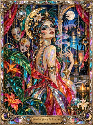 An enchanting woman adorned in shimmering jewels emerges from a luminous stained glass mosaic. Surrounded by theatrical masks, tropical foliage, celestial ornaments, and swirling spirits, she overlooks a moonlit palace garden. Brilliant turquoise, magenta, and gold illuminate the dreamlike scene, enclosed within an ornate metallic frame with an engraved title plate.