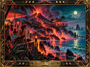 A fiery volcano illuminates a moonlit tropical coastline, where fashionable partygoers gather beneath glowing lanterns. Molten lava cascades toward turquoise waves, reflecting brilliant orange and crimson light. Dramatic clouds, swaying palms, and retro architecture create a playful yet dangerous atmosphere. Rich painterly textures contrast with an ornate brass frame.
