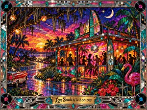 A vibrant stained-glass mosaic captures a lively roadside dance party beneath a glowing tropical sunset. Silhouetted dancers fill a colorful shack surrounded by palm trees, flamingos, vintage cars, and sparkling lights. Brilliant pinks, blues, and golds illuminate the scene, framed by decorative chrome, vinyl records, and intricate musical ornaments.