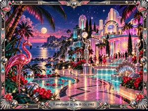 A neon-lit fantasy resort glows beside a moonlit tropical sea, where chrome flamingos, mirrored spheres, cascading fountains, and elegant dancers surround a winding marble promenade. Pink and turquoise lights illuminate futuristic Art Deco towers beneath a violet starry sky, while an ornate metallic frame completes the playful, romantic digital artwork.