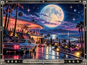 A massive luminous moon floats above a glittering coastal city and sleek retro nightclub. Vintage cars follow a rain-slick road past palms and dancing silhouettes. Electric pink, turquoise, and violet reflections energize the dreamy nightscape. Starburst ornaments, chrome amplifier-inspired framing, and an engraved title plate complete the cinematic digital artwork.