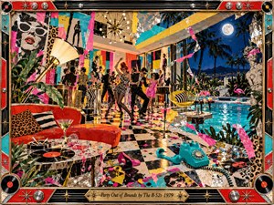 A riotous retro house party erupts across a checkerboard floor, with stylish dancers, scattered records, cocktails, and a turquoise telephone. Hot pink, yellow, and electric blue collage fragments swirl beneath warm interior lights, while moonlight bathes a palm-lined pool outside. A chrome-trimmed musical frame completes the playful, chaotic new wave scene.