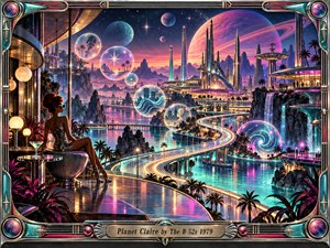 A glamorous woman overlooks a dazzling alien metropolis beneath enormous colorful planets. Glowing highways curve through turquoise waterways, futuristic towers, floating dreamlike bubbles, and cascading waterfalls. Neon pink, purple, and gold illuminate this playful retro science fiction paradise. An ornate chrome frame completes the richly detailed digital artwork.