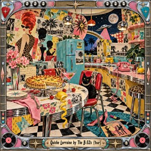 A whimsical retro kitchen bursts with turquoise, pink, and yellow, featuring beehive-haired women, a pearl-adorned black cat, and golden quiche. Chrome counters, vintage photographs, palm trees, and a moonlit UFO create playful surrealism. Warm pendant lighting illuminates the detailed mixed-media collage, enclosed within an ornate, jukebox-inspired metallic frame.