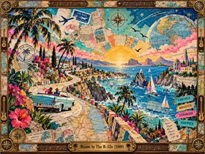 A turquoise convertible winds along a sunlit coastal road through a vibrant collage of torn maps, tropical flowers, postcards, and seaside villages. Golden sunset light washes over blue water and sailboats beneath a floating globe. Playful compass motifs and an ornate brass frame celebrate joyful freedom and adventure.