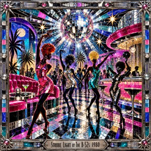 A glittering mosaic nightclub erupts beneath a mirrored disco ball as stylish dancers strike energetic poses across a reflective floor. Electric pink, turquoise, blue, and gold glass tiles scatter dazzling light. Curved lounge seating and a glowing bar evoke playful 1980s glamour, surrounded by an ornate chrome frame.