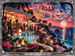 A vibrant retro-futuristic seaside celebration unfolds beneath a glowing sunset, with dancing figures, tropical palms, shimmering pools, and psychedelic celestial visions. Neon pink, turquoise, orange, and violet illuminate sweeping coastal terraces. Dreamlike digital artistry blends nostalgic romance with exuberant nightlife, enclosed by an ornate chrome musical frame and engraved title plate.