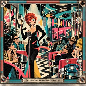 A glamorous red-haired woman poses beside a vintage microphone in a surreal nightclub, watched by stylish patrons lounging in pink booths. Swirling sound waves, checkerboard floors, chrome accents, and turquoise, coral, and gold colors create a lively new-wave atmosphere. Dramatic spotlights and textured screen-print details complete the ornate framed scene.