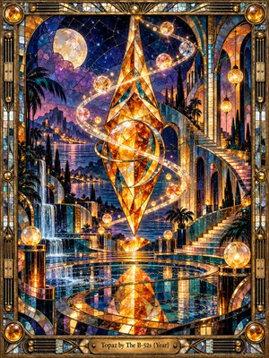 A radiant amber crystal floats above a mirrored pool in a dreamlike stained-glass city. Spiraling ribbons of light and jeweled spheres weave between moonlit arches, waterfalls, and palm trees. Deep indigo, turquoise, violet, and gold shimmer across intricate mosaics, enclosed by an ornate bronze frame with an engraved title plate.