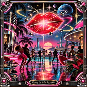 A giant glowing red kiss floats above a futuristic nightclub, surrounded by golden orbits and chrome spheres. Stylish dancers move beneath palm trees, distant planets, and a radiant sunset skyline. Electric pink, turquoise, and violet reflections illuminate glossy floors, while an ornate metallic frame captures playful 1980s synth-pop glamour.