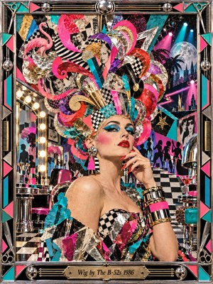 A glamorous woman poses beneath an enormous sculptural wig of swirling neon ribbons, metallic foil, vintage portraits, and checkerboard patterns. A retro salon merges with a glowing nightclub behind her, filled with mirrors, spotlights, and dancing silhouettes. Chrome framing, vivid pinks and turquoise, and theatrical lighting evoke exuberant 1980s pop art.