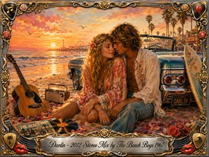 A romantic hippie couple embraces on a sunlit California beach beside a vintage convertible, acoustic guitar, radio, roses, and vinyl records. Warm coral, gold, turquoise, and peach tones glow beneath a dramatic sunset. Rich painterly textures, nostalgic boardwalk details, and an ornate musical frame create a tender, dreamy 1960s atmosphere.
